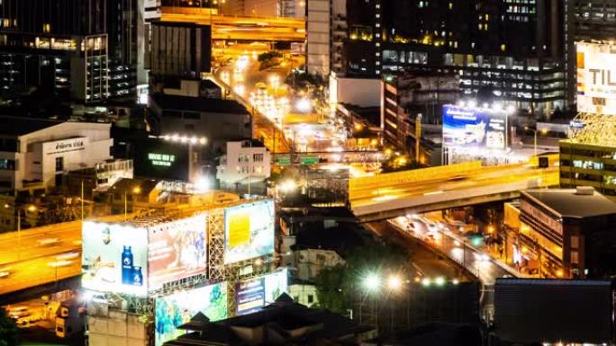 4K UHD缩小延时: 曼谷市中心摩天大楼的天际线，高速公路上有汽车，泰国曼谷有空中火车。现代城市景
