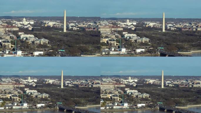 缩小华盛顿特区国家广场与林肯纪念堂华盛顿纪念碑和美国国会大厦的空中高角度视图。