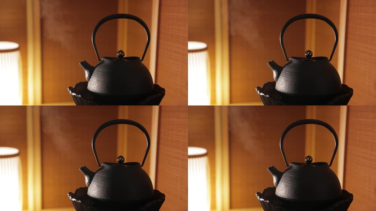 亚洲茶概念，黑色蒸汽茶壶