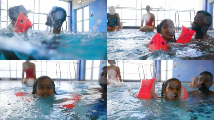 为快乐而跳跃外国教练游泳池小孩学游泳夏日