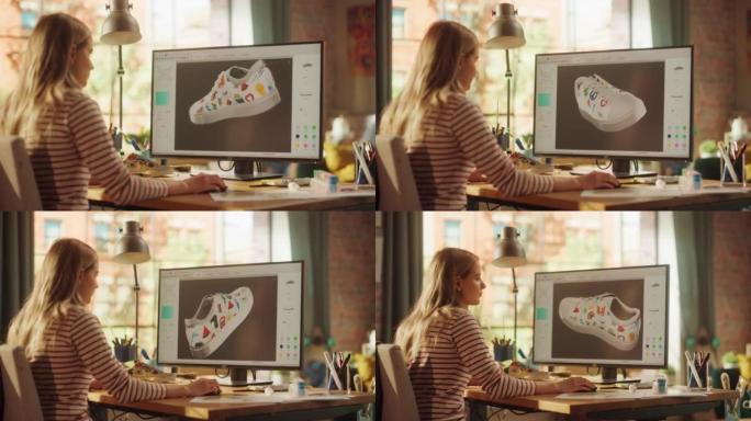 年轻的女设计师旋转3d鞋模型，同时在创意办公室的桌面电脑上的新项目工作。女孩对她的工作感到满意。平面