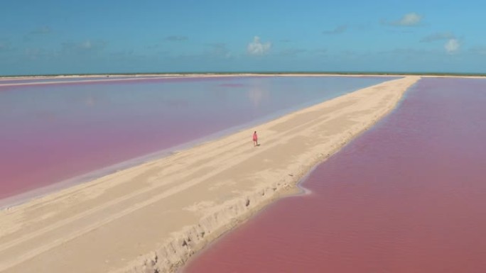 空中: 无人机拍摄的一名妇女探索尤卡坦半岛充满活力的粉红盐农场。
