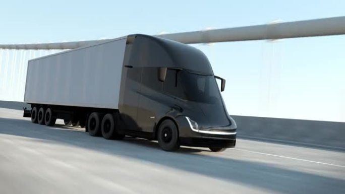 物流运输工具传递概念。黑色现代大型半卡车，带货物拖车，满载货物，白天在高速公路桥路行驶。推动大陆分销