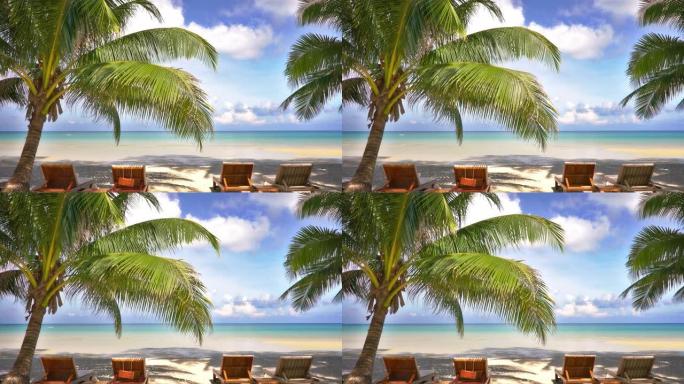 热带海滩。自然。休闲椅。棕榈。天空和云。天堂。旅游。游。
