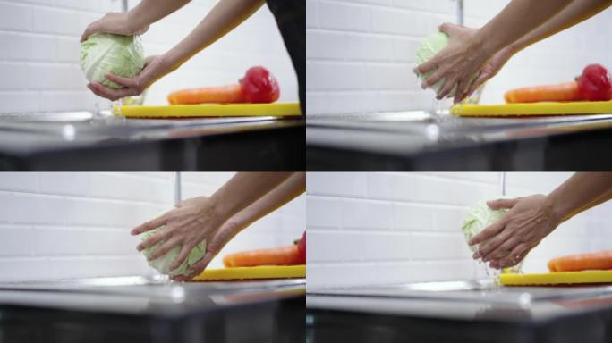 女人洗手蔬菜做菜单沙拉
