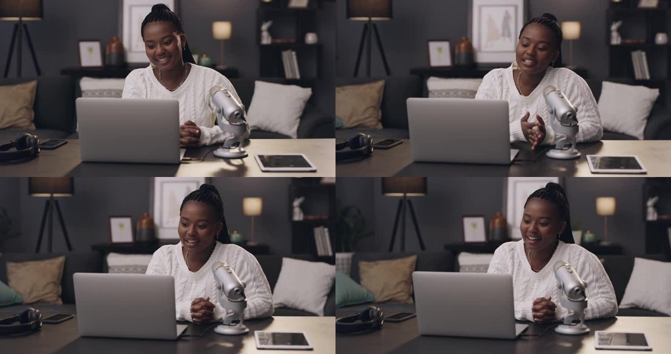 一名年轻女子在家中使用笔记本电脑和麦克风录制播客的4k视频片段