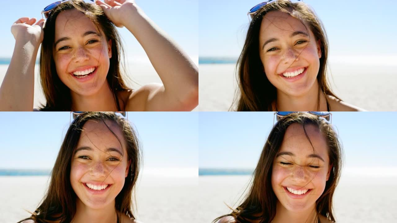 4k视频片段，一名妇女在海滩上度过了一天