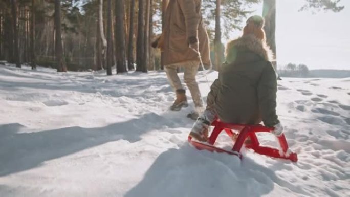 快乐的父亲拉雪橇上的女孩