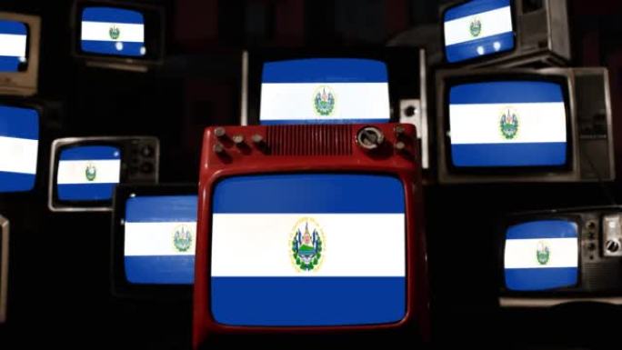 萨尔瓦多国旗和老式电视。4k分辨率。