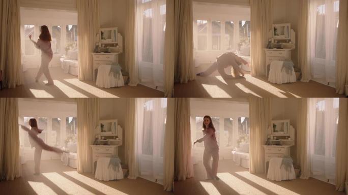 美丽的少女芭蕾舞女演员在卧室练习芭蕾舞周末早上日出时穿着睡衣排练舞蹈