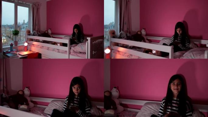 使用我的智能手机卧室环境女孩粉色房间童年