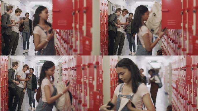 一个十几岁的女孩在储物柜旁边使用智能手机并在高中时被欺负的4k视频片段