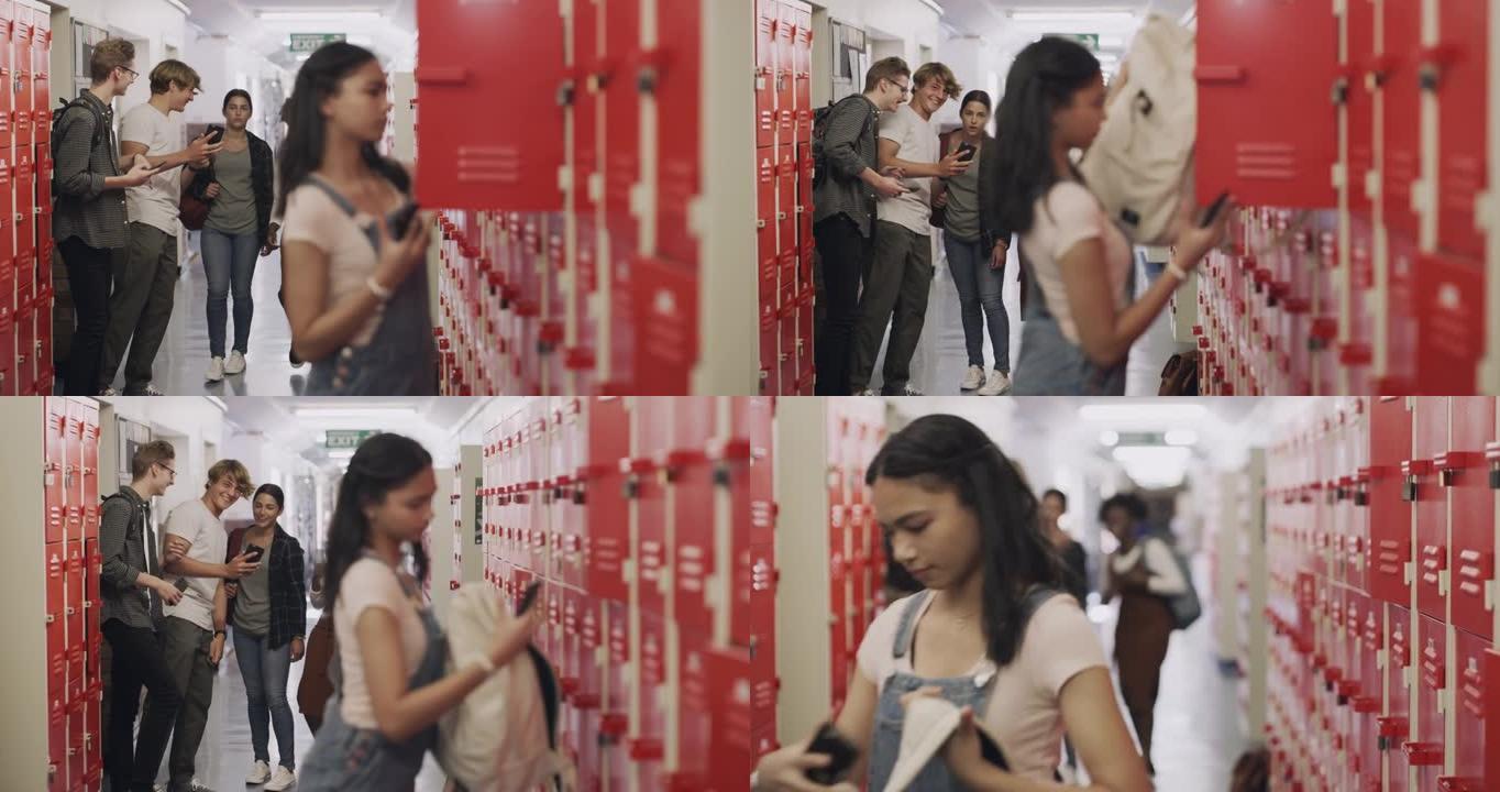 一个十几岁的女孩在储物柜旁边使用智能手机并在高中时被欺负的4k视频片段