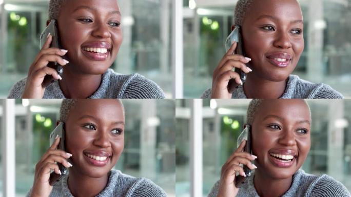 快乐，交流和电话与黑人妇女在有趣的对话，演讲和讨论中大笑。与年轻女孩在智能手机上聊天的联系，技术和微
