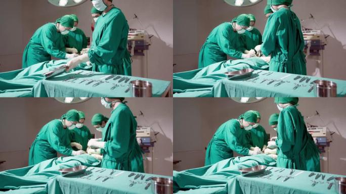 4K UHD多莉离开: 外科护士在手术室为外科医生准备手术设备。医院医疗保健概念。