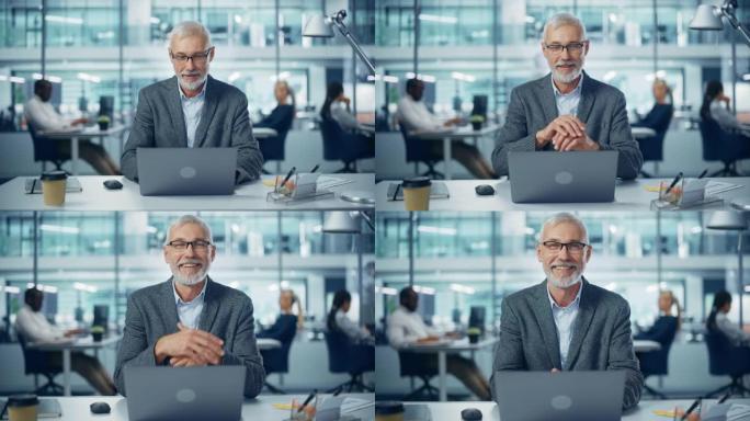 现代办公室: 成功的中年大胡子公司商人的肖像，他在办公桌前的笔记本电脑上工作，看着相机，微笑着。专业