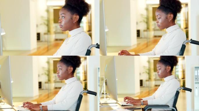 坐在轮椅上的残疾业务经理使用计算机和文书工作来计划想法并集思广益全球战略。公司专业人员在无障碍和包容