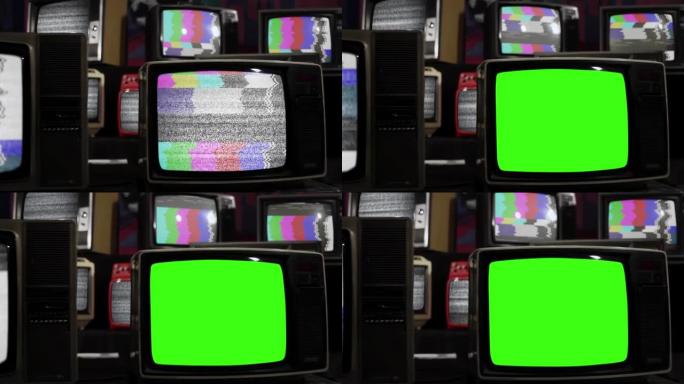 复古电视在许多具有静态噪声和测试图案信号的老式电视中打开色度键绿色屏幕。特写。4k分辨率。