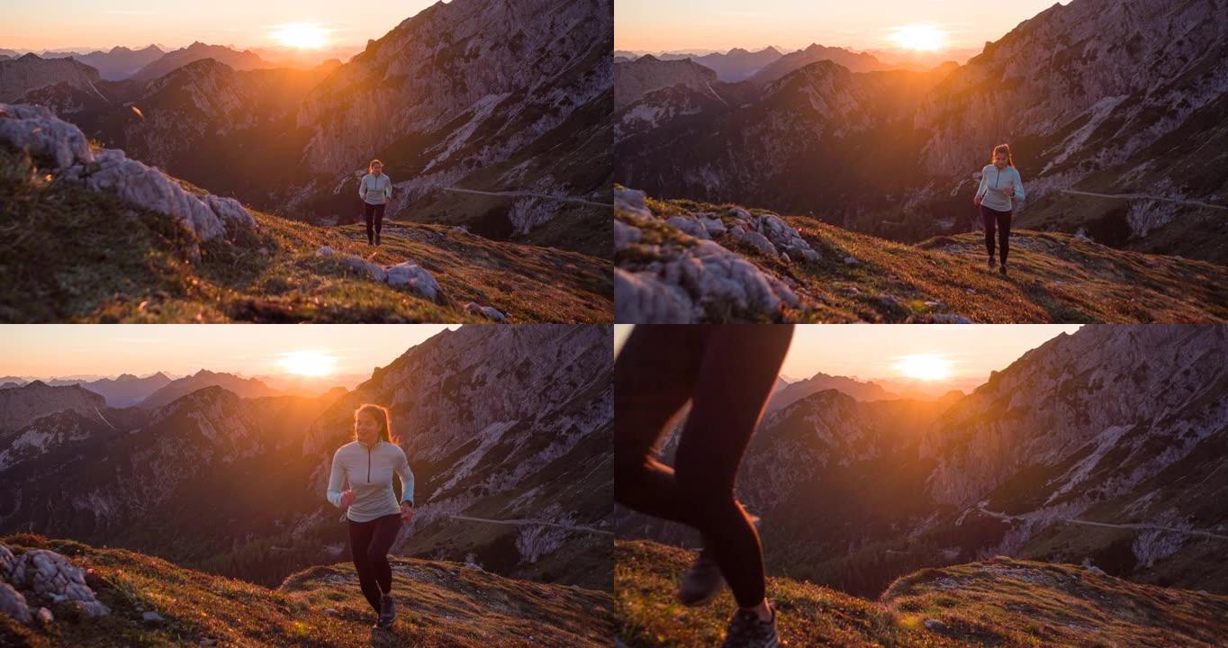 日落时，身体意识强的女运动员在风景如画的山地户外跑步
