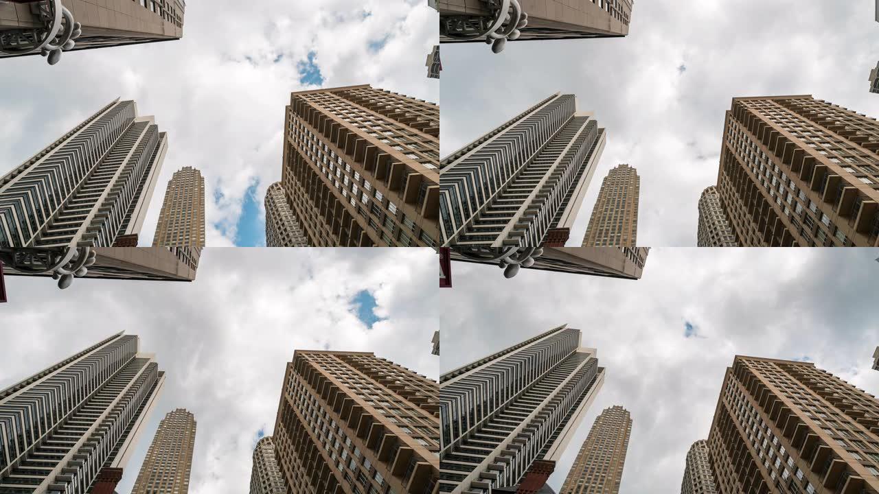延时: 芝加哥城市景观办公室摩天大楼背景的低角度拍摄