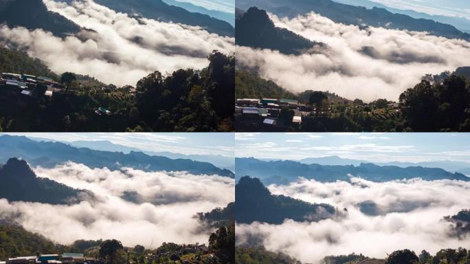 云层上方的神秘村庄越过山脉和阳光