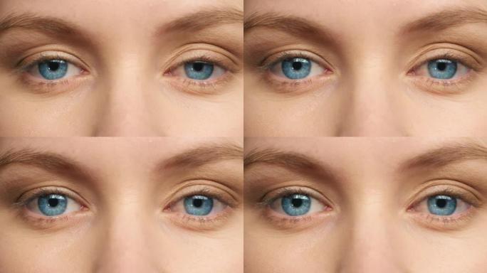 眼科手术后女性的美容，视力和眼睛变焦聚焦扩大的瞳孔以测试青光眼或视力。美丽、自然、健康的蓝眼睛特写的