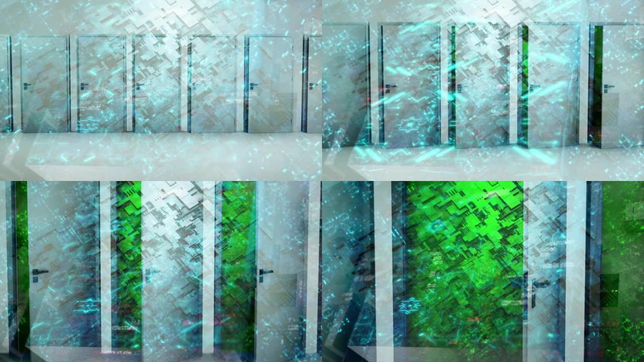 开门，计算机生成。自动滑动门的3d渲染，抽象背景