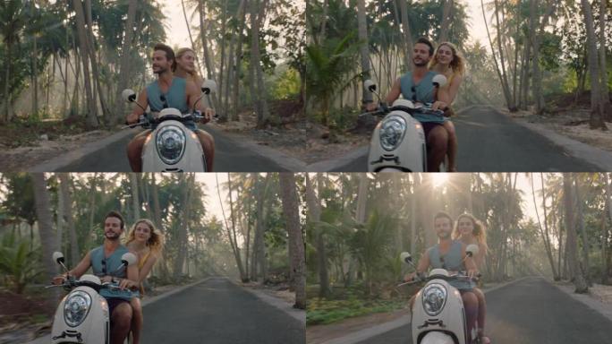 旅行情侣骑摩托车在热带岛屿上探索美丽的旅游目的地骑摩托车玩得开心