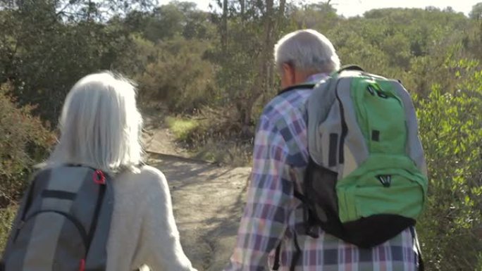 老年夫妇一起沿着乡村小路徒步旅行