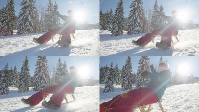特写: 快乐的女人在风景如画的雪山上玩得很开心。