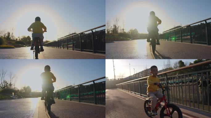 小男孩骑车朝着太阳前进升格镜头