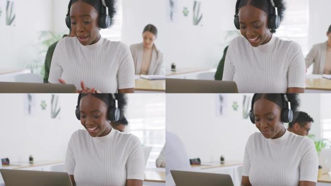 4k视频片段，一位年轻的女商人在笔记本电脑上工作时随着音乐跳舞