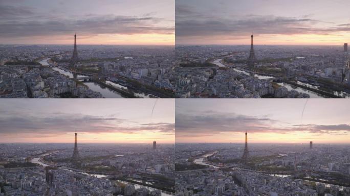 在剪影中，鸟瞰图的巴黎城市景观与埃菲尔铁塔。欧洲旅行。