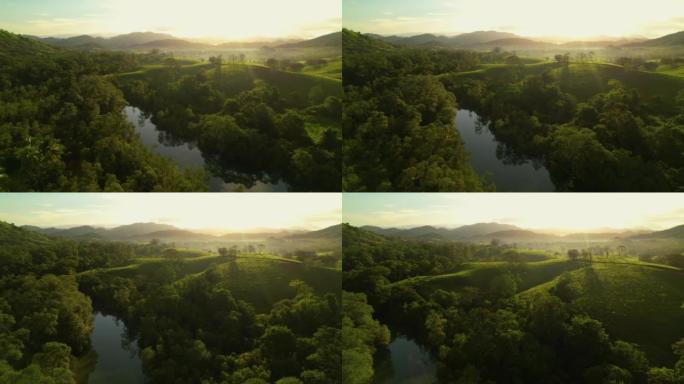空中: 在美丽的雾蒙蒙的早晨，飞越郁郁葱葱的绿色山丘和平静的河流