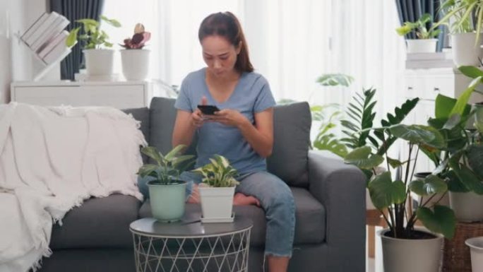 年轻的亚洲女性穿着休闲坐在沙发上使用智能手机拍摄植物照片在网上商店出售客厅室内植物在家。