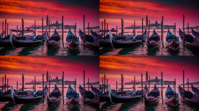 威尼斯，日出时的吊船