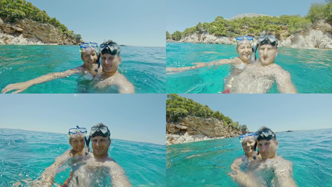 克罗地亚阳光明媚的亚得里亚海，波夫女士带着浮潜护目镜快乐的夫妇
