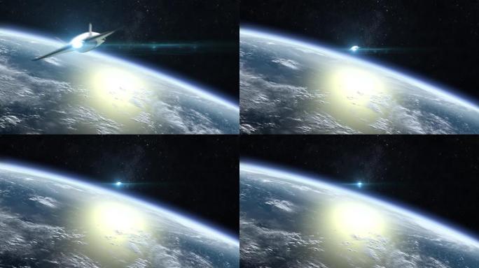 一架带有核导弹的高超音速太空无人机迅速飞走。从太空看地球。地平线向右旋转。4K. 3D动画。