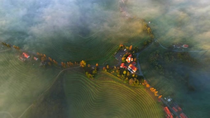 空中晨雾笼罩着山顶上的一个村庄。杰鲁扎莱姆，吕托默。斯洛文尼亚的自治市。