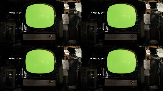 绿屏旧圆形电视。