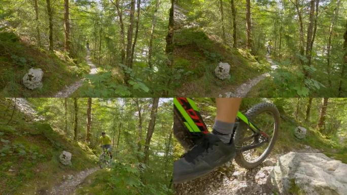 在斯洛文尼亚山区积极度假的人骑着自行车绕着树林转。