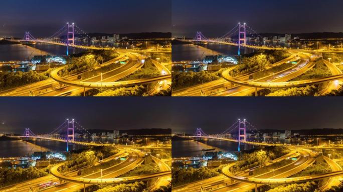 日落之夜在香港青衣区青衣马大桥进行延时运输。