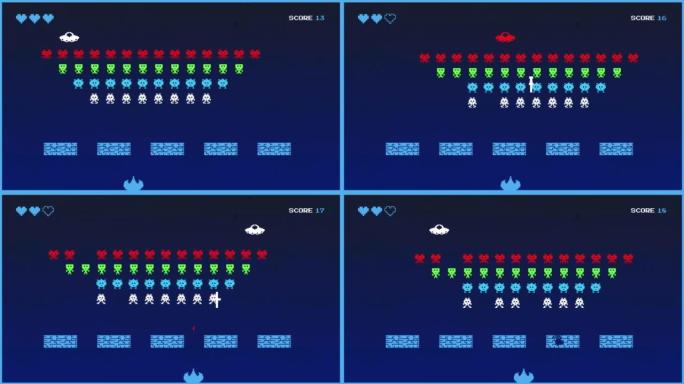 动画8位80年代灵感的控制台街机视频游戏。加载屏幕和播放电视或移动设备屏幕与太空船击落外星人和飞碟老