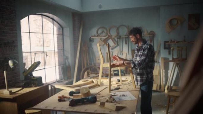 年轻的工匠家具设计师在蓝图上标出尺寸，并开始组装木椅。才华横溢的木匠在阁楼空间的工作室里工作，墙上有
