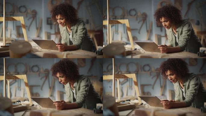 一个多民族阿拉伯木匠在笔记本电脑上进行视频通话的肖像。黑人创意女性与才华横溢的团队合作开展在线项目。