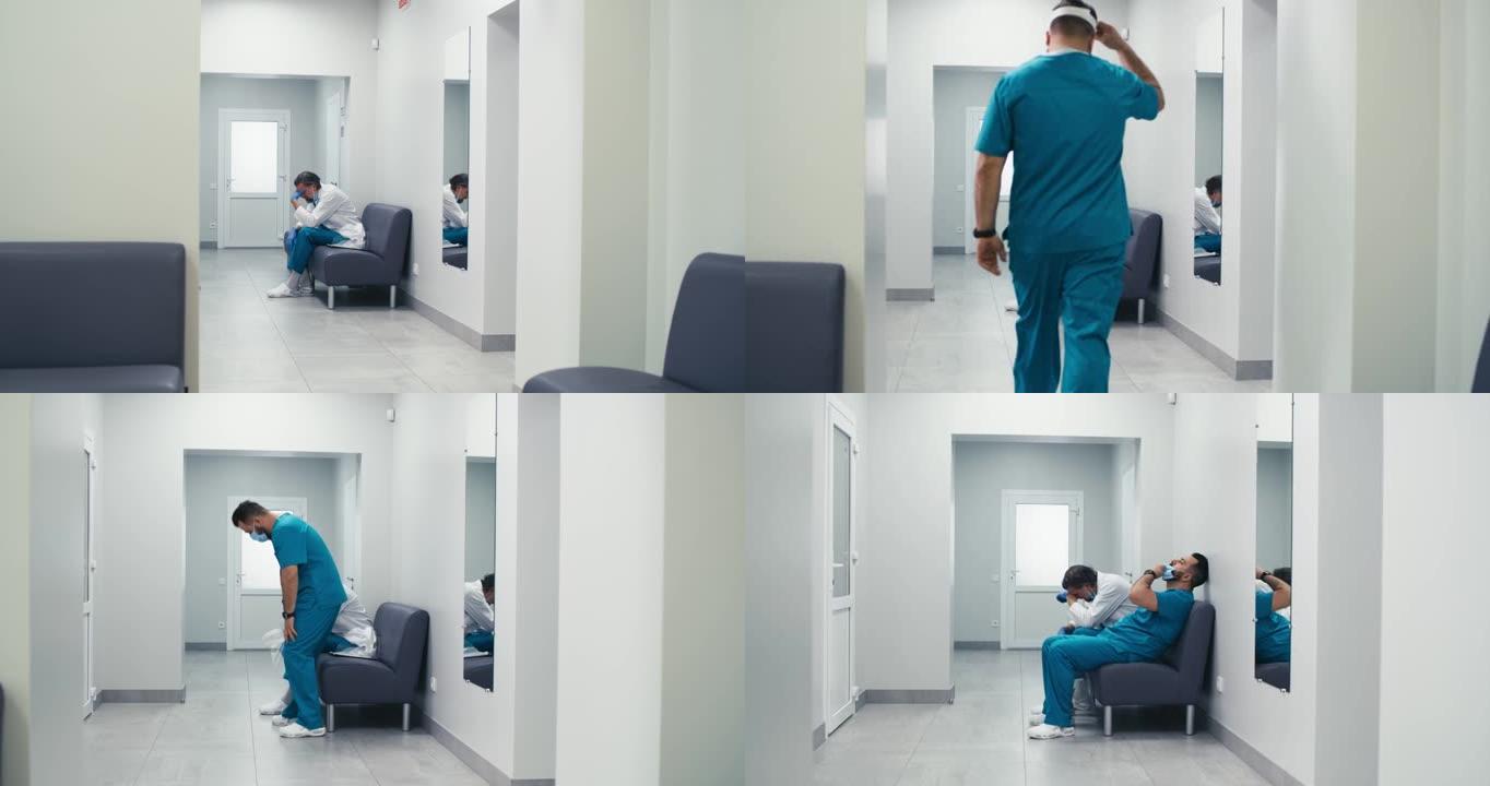 疲惫的医生在医院走廊开会