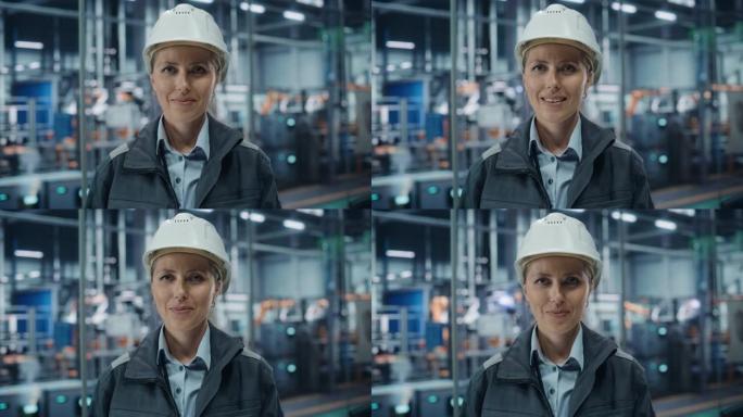 汽车厂办公室: 戴着安全帽的女总工程师的肖像看着相机，微笑着。专业技术人员。自动化机械臂装配线制造高