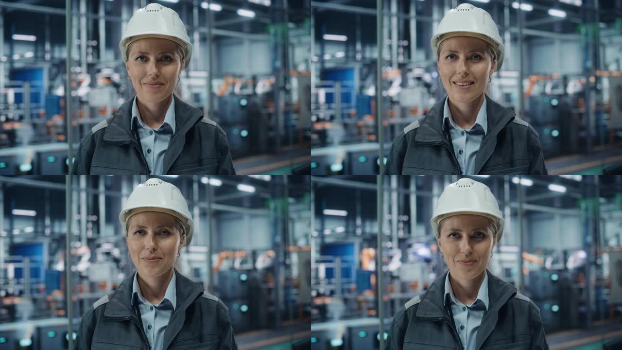 汽车厂办公室: 戴着安全帽的女总工程师的肖像看着相机，微笑着。专业技术人员。自动化机械臂装配线制造高
