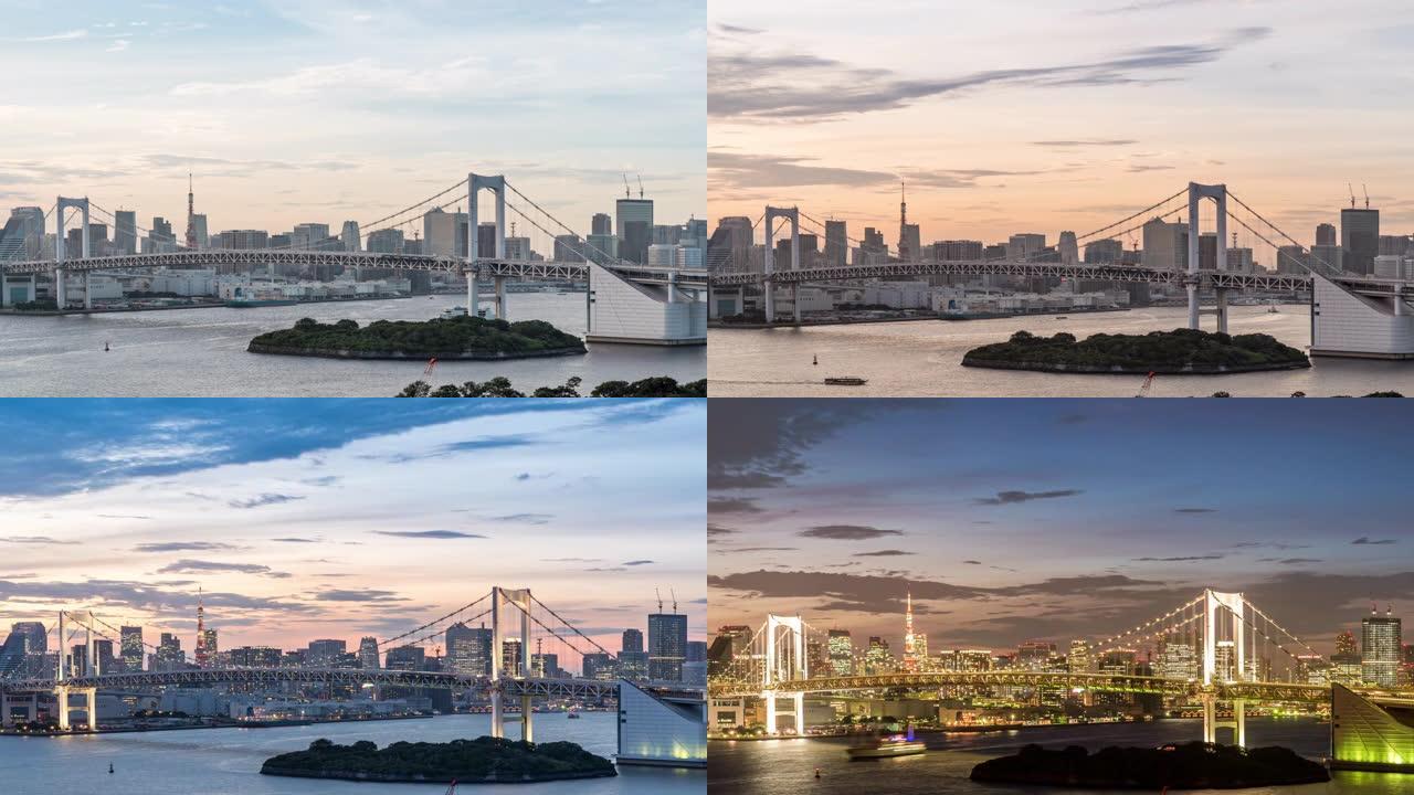 4K UHD日夜延时放大: 彩虹桥鸟瞰图，东京塔和日本东京市中心城市景观。