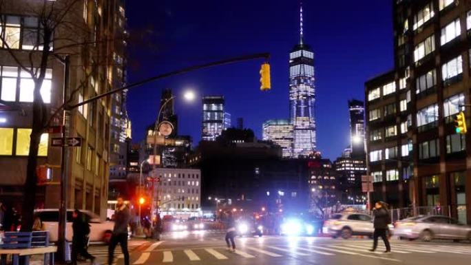 纽约夜街。市区。WTC